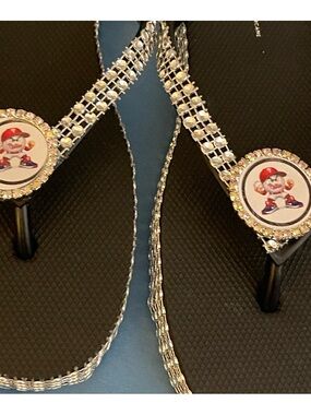 Women’s Rhinestone Black Sandals with Sports Medallion